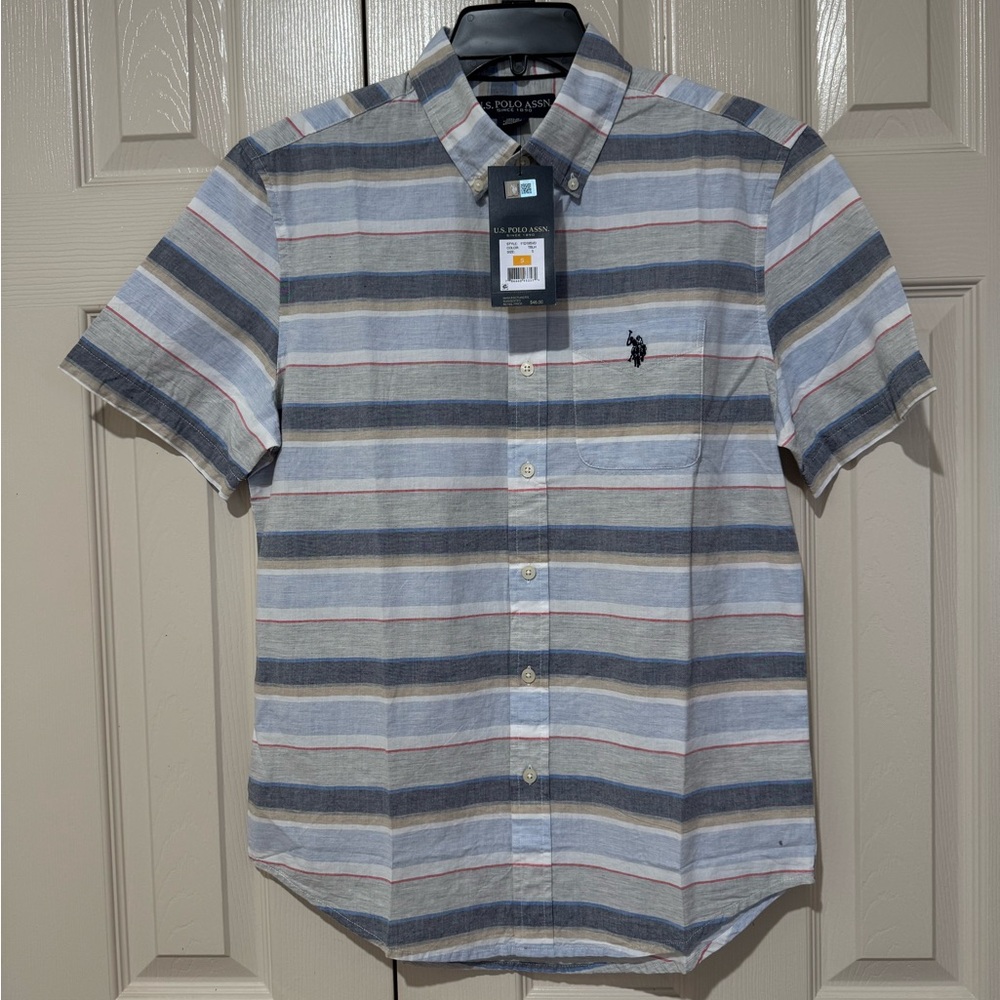 US Polo Assn. Shirt Mens SMALL Blue Striped Short Sleeve Cotton Button Down Logo